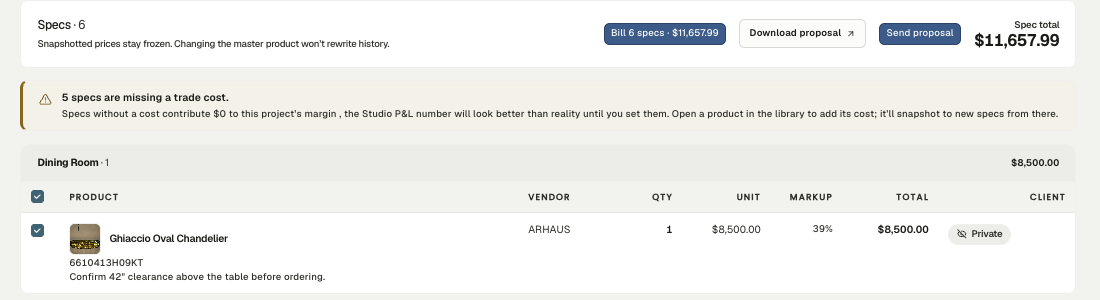 The project's Library → Specs tab with specs selected and a "Bill 6 specs · $11,657.99" button showing the running total.