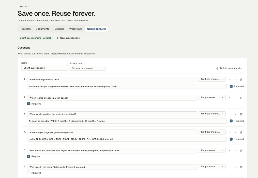 The questionnaire editor: a name and project type at the top, then numbered questions with their answer types and Required checkboxes.