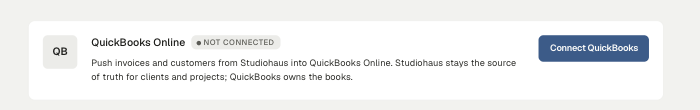 The QuickBooks Online card on Settings → Integrations, marked NOT CONNECTED with a Connect QuickBooks button.