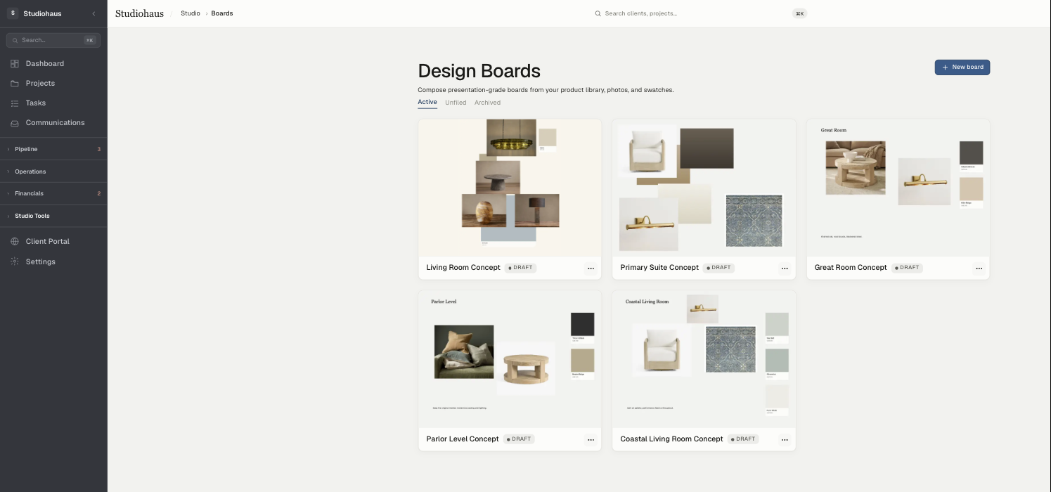 The Design Boards index: Active, Unfiled and Archived tabs above a grid of board cards, each with a thumbnail and a status pill.