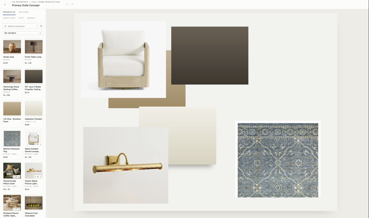 The board editor: the product library down the left with search and a vendor filter, and the artboard with furniture, a rug and swatches arranged on it.