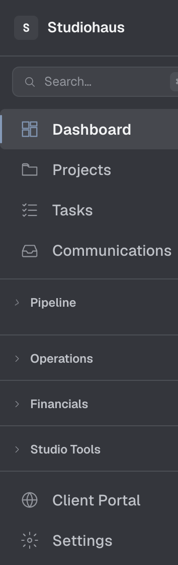The left navigation rail: Dashboard, Projects, Tasks and Communications on top, then the Pipeline, Operations, Financials and Studio Tools groups, with Client Portal and Settings at the foot.
