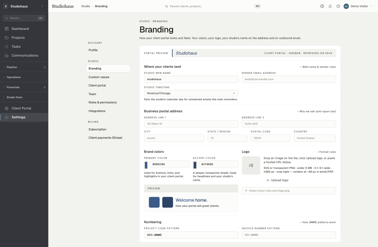 Settings → Branding: studio web name, sender email, postal address, brand and accent colors with a live portal preview, and the logo tile.