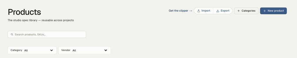 The Products library header with Import, Export, Categories and New product buttons.