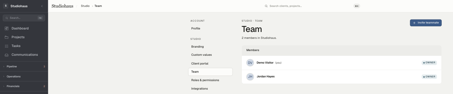 Settings → Team: the members list with each person's role, and Invite teammate at the top right.
