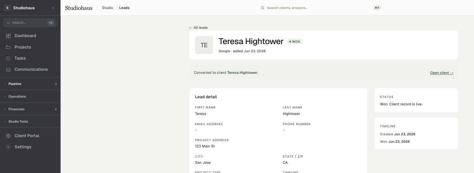 A won lead: a WON pill beside the name, a "Converted to client" banner with an Open client link, and a timeline showing the created and won dates.