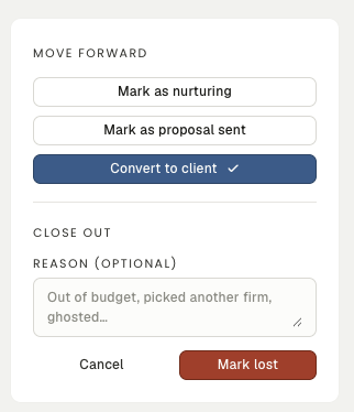 Mark as lost expanded: an optional reason box placeholdered "Out of budget, picked another firm, ghosted…", with Cancel and a dark red Mark lost button.