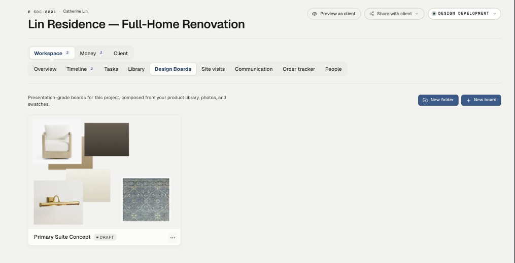 A project's Design Boards tab, with New folder and New board buttons above the project's board cards.